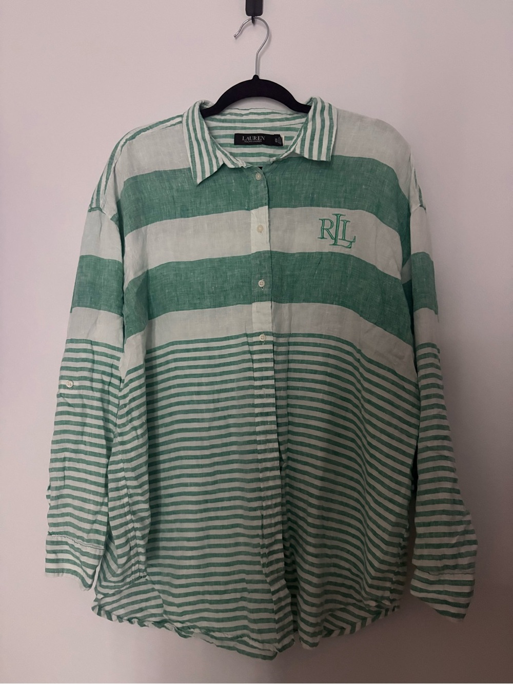 Ralph Lauren Green & White Striped Linen Button-Down Shirt